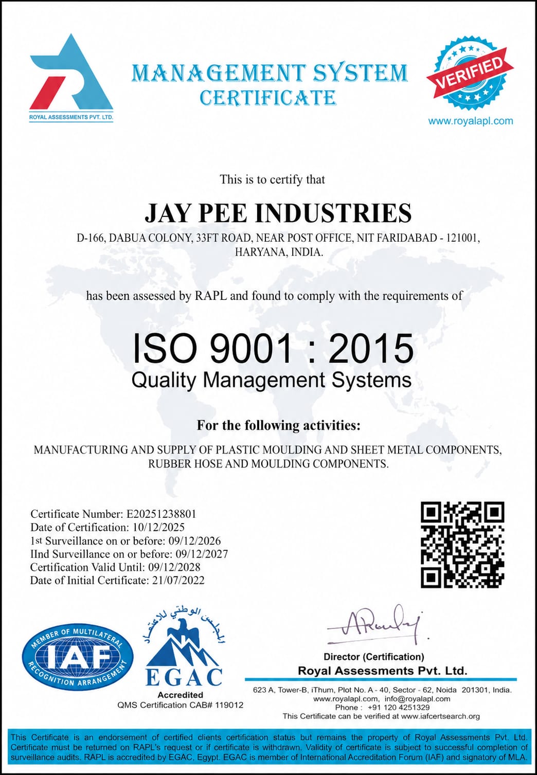 Jay Pee Industries ISO 9001:2015 certificate