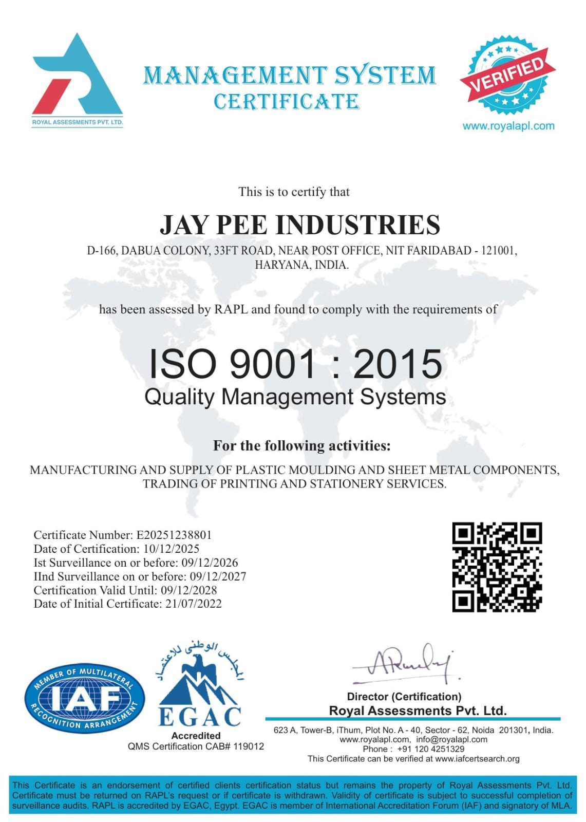 Jay Pee Industries ISO 9001:2015 certificate